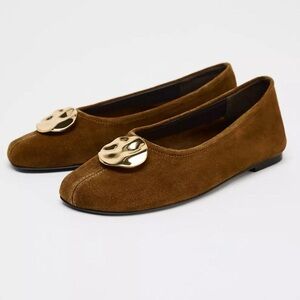 NWT Zara Suede Leather Gold Hardware Ballet Flats in Caramel Brown - 6
